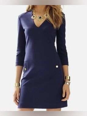 Lilly Pulitzer Charlena Navy Blue Shift Dress Deep V Neckline 3/4 Sleeve size M